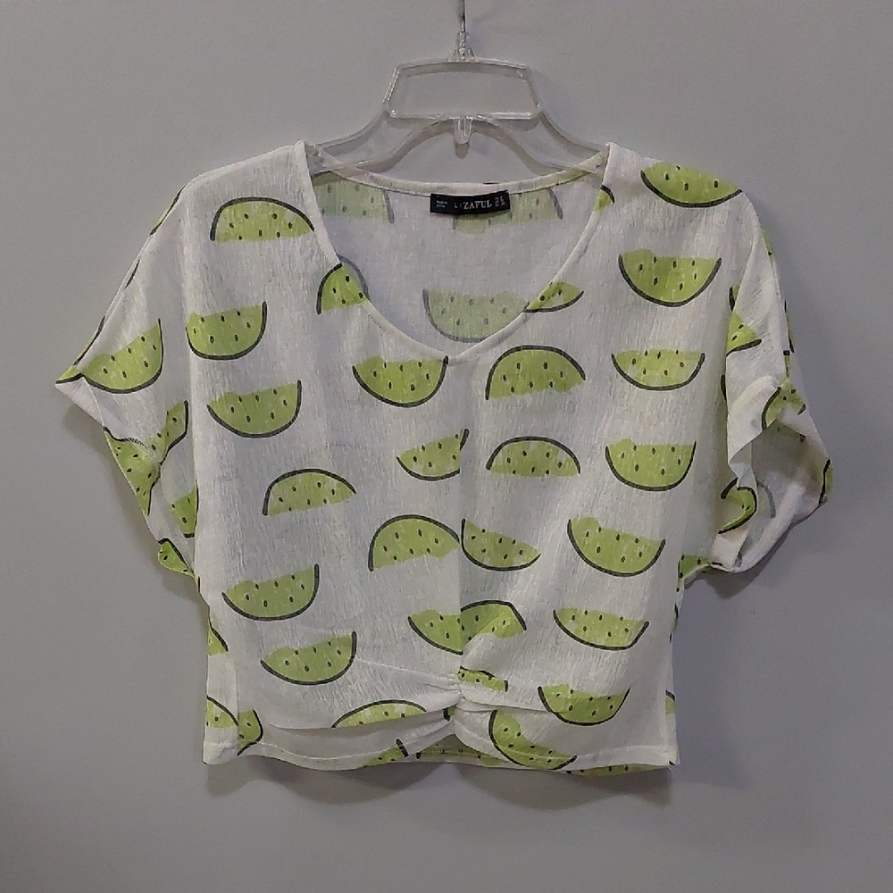 Zaful Green and White Cuffed Sleeve Crop Top Size Large